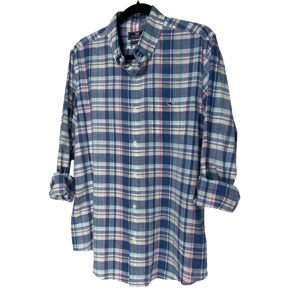 Vineyard Vines Mens Slim Fit Tucker Shirt Blue Pink Plaid Cotton Button Down M